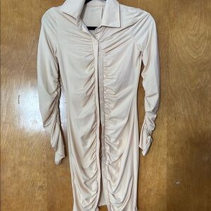 Cream Long Sleeve Bodycon Dress with Dress Shirt Collar